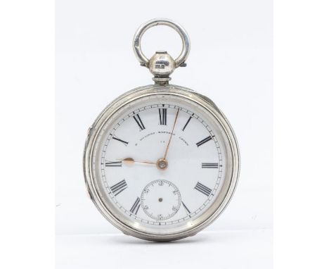 A Victorian silver open faced pocket watch, white enamel dial, Roman numerals, inscribed E. Duggins Express Lever, subsidiary
