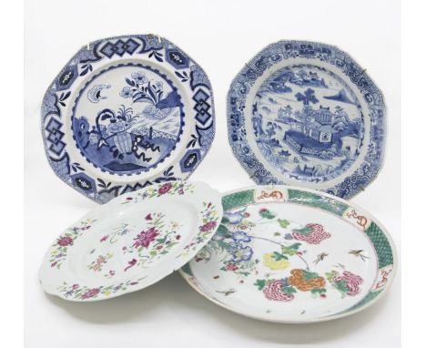 A collection of three Chinese export 18/19th Century plates including Famille Rose dish plus a Spode Chinese design plate.Con