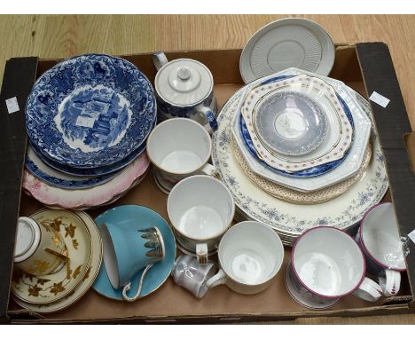 A collection of ceramics to include: two 19th Century style Staffordshire mugs, with gilt lettering to sides; a Staffordshire