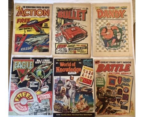 Vintage comics, some with original free gifts: No.1 Actuon, 14th February 1976 with ‘Red Arrow’, Bullet 14th February 1976 wi