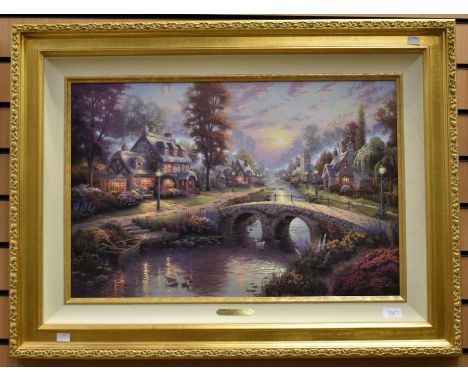 Thomas Kinkade, numbered lithograph, 'Sunset on Lamplight Lane', numbered 1059/1950, 44 x 66cm, framed, along with a large fr