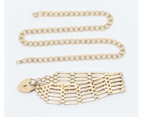 A 9ct gold gate bracelet along with a 9ct gold fancy link chain, length approx 16'', (lead solder repair to clasp loop, combi