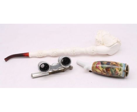 Large cased smokers pipe along with German ceramic pipe and mother of pearl opera glasses&nbsp;
