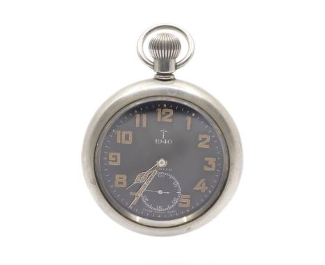 A Zenith 1940 military open faced pocket watch British Indian Army, black dial with painted number markers, subsidiary at 6, 