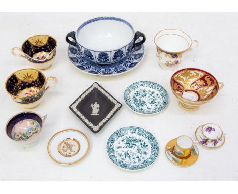 A Coalport miniature coffee can and saucer, gilt and landscape, pattern no: A3779,circa 1900 (hairline crack to saucer) toget