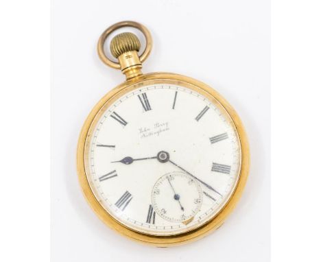 An 18ct gold open faced pocket watch by John Perry Nottingham, white enamel dial roman numeral markers, subsidiary at 6, dial