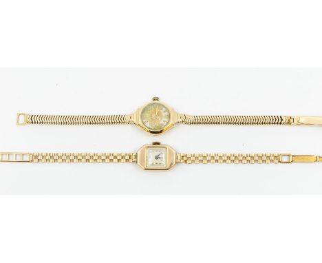 Two ladies vintage 9ct gold watches including an Omega round dial, applied arrow and number markers, tonneau shaped case, app