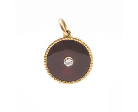 An enamel and diamond gold pendant, circular design collet set with a round old cut diamond, approx 0.10ct, within a radial e