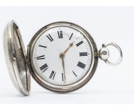 A George IV silver hunter pocket watch, white enamel dial with Roman numerals, dial approx 45mm, case approx 60mm, movement N