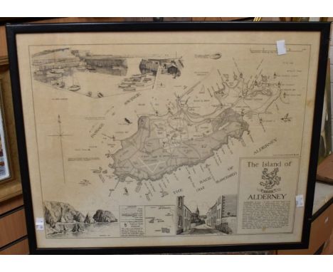 A collection of framed maps of Jersey, Guernsey, etching of St Michaels Mount, plus a map of Alderney&nbsp;