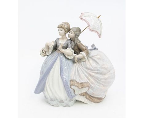 A large Lladro figural group of two young ladies entitled: Southern Charm., one holding a parasol, the other with a basket of