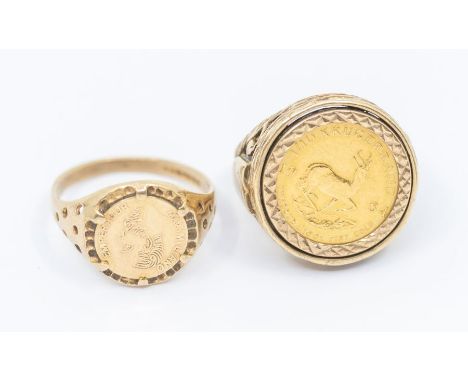 A 1934 1/10 Krugerrand, mounted in a 9ct gold ring, size K, approx 7.4gms gross; a 9ct gold ring, set with an&nbsp;1865 Mexic