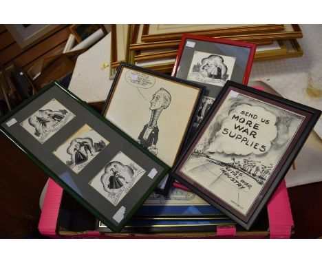 A collection of framed cartoon sketches by various artists, comprising one by Mackenzie titled 'Send us more War supplies, US
