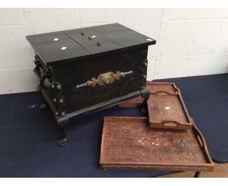Fire side coal box, angle poise lamp, painting items, stove and treen trays