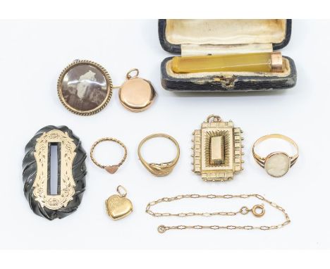 A collection of gold and unmarked yellow metal to include an 18ct gold cameo ring 2.2gms, a 9ct gold ring and locket (damaged