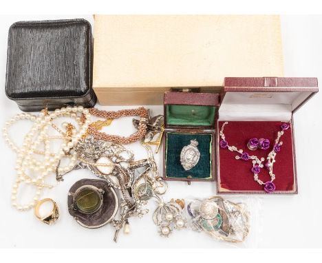 Jewellery - a silver Scorpian pendant; silver and enamel fob; silver filigree brooch; silver-gilt bracelet; Edwardian silver 