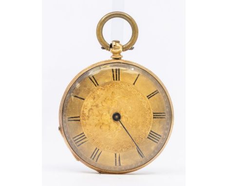An early 20th century ladies open faced pocket watch, gold tome dial with roman numeral markers, foliate decoration to centre