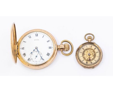 A gent's Cyma gold-plated half hunter pocket watch, 41mm white enamel dial with Roman numerals, subsidiary seconds dial, Denn