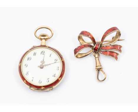 An early 20th century enamel and 14ct gold open faced pocket watch, white enamel dial with number markers, gilt outer seconds