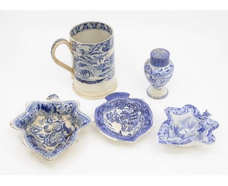 A collection of early 19th Century blue and white pickle dishes, including Spode pepper pot and tankard