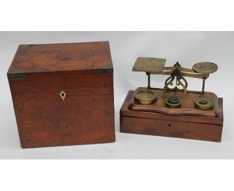 A 19th Century mahogany four compartment decanter box, with glass decanters; a mahogany glove box along with post office scal