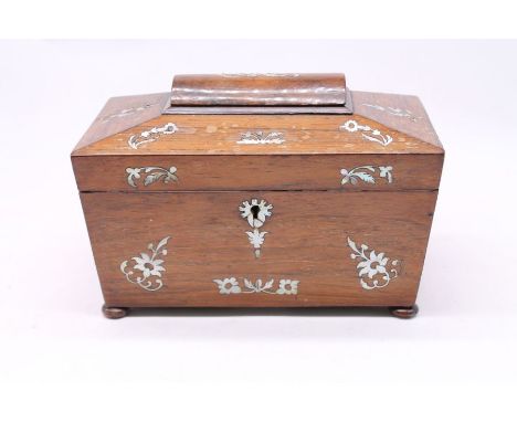 19th Century mahogany inlaid mother of pearl tea caddy