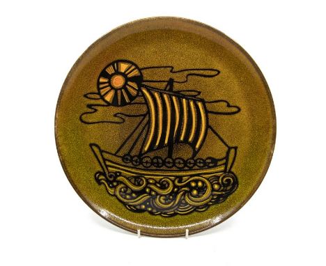 Poole Pottery: A Poole Pottery Aegean charger with ship decoration. Diameter approx 32cm. Marks to the base.