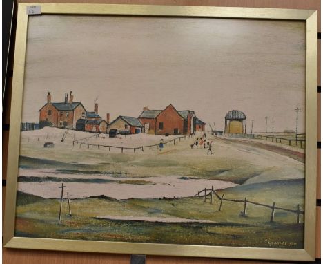 L.S Lowry - A print entitled "Landscape with farm buildings" - by courtesy of the city of Norwich Museum 332 and L.S Lowry si