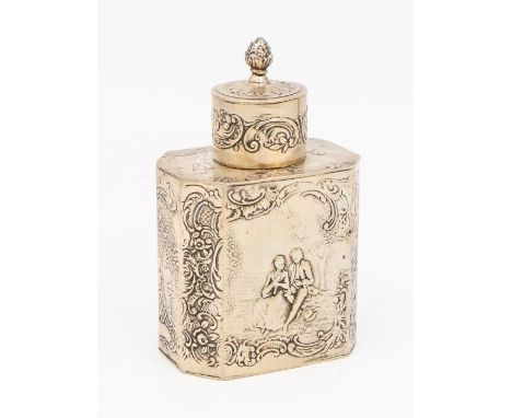 An early 20th Century Hanau silver tea caddy and cover, the body chased with two pairs of 18th Century lovers within landscap