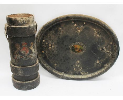 A 19th Century papier mache large serving tray, with central detail, along with 19th Century army powder bucket with Royal Cr