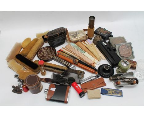 A collector's lot to include: vintage vari wood mounted brushes; a collection of tourist ware fans; vintage cased pair of bin