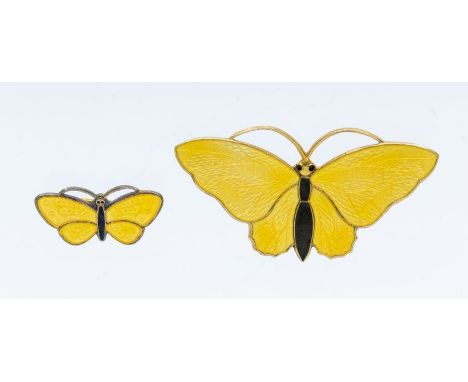 Askel Holmsen- a Modernist silver gilt and enamel brooch in the form of a butterfly, decorative yellow enamel wings with blac