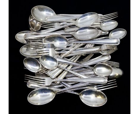 A Norwegian 830 standard part flatware service stamped by J Tostrup comprising: 9 table forks, 8 table spoons, 8 fish forks, 