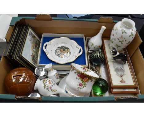 2 Boxes of various items including Wedgwood collectors plates, Nao duck, Royal Albert 'Old Country Roses' small planter, Wedg