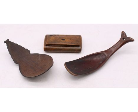 An Inuit sperm whale spoon, 19th Century, along with 19th Century Tribal spoon, and a 19th Century snuff box