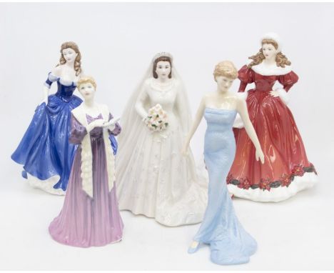 Four Royal Doulton Lady Figures including With love a Christmas morning, the recital Diana, Royal Worcester figure Queen Eliz
