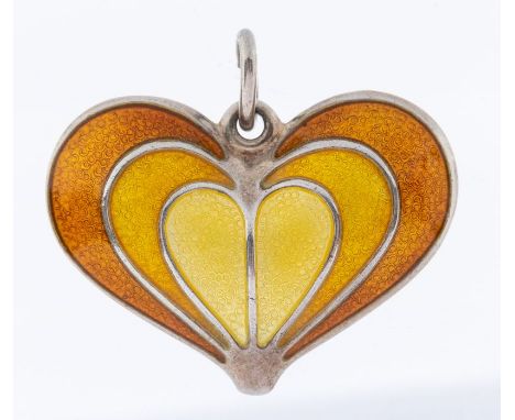 David Andersen- a Norwegian Modernist silver gilt enamel heart pendant, domed form with yellow and orange guilloche enamel, d