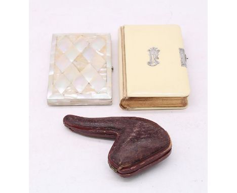 A 19th C German Meerschaum Novelty Pipe of a bull dog in original fitted case, along with a silver and ivorine prayer with ap