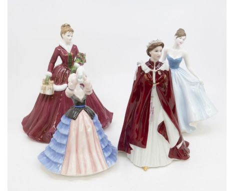 Two Royal Doulton lady figures Susan Sweet Innocence, Coalport Merry Christmas figure and Royal Worcester Queens 80th Birthda