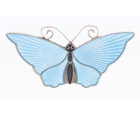 David Andersen- a Norwegian modernist silver and  enamel brooch in the form of a butterfly, pale blue guilloche enamel, diame