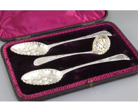 A cased pair of George III silver Old English pattern "berry" spoons, by Peter & William Bateman and similar sifter spoon, ha