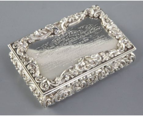 A good Victorian silver presentation table snuff box in original fitted case, by Nathaniel Mills, hallmarked Birmingham 1848,