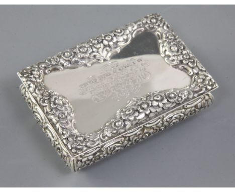 A Victorian silver table presentation snuff box, by Nathaniel Mills, hallmarked Birmingham 1838, of oblong in form, the top h