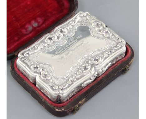 A good early Victorian silver table snuff box in original fitted case, by Nathaniel Mills, hallmarked Birmingham 1846, of obl