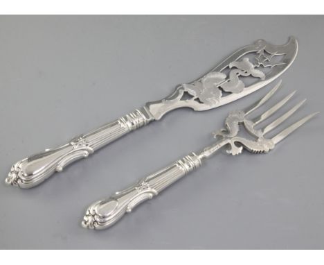 A pair of early Victorian silver fish servers, by Samuel Harwood, hallmarked Sheffield 1848, engraved with Japanese style car