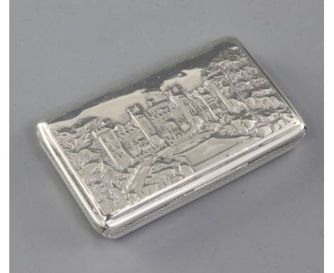 An early Victorian silver castle top snuff box, by Nathaniel Mills, hallmarked Birmingham 1837, of rectangular shape with eng