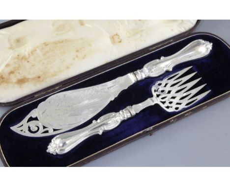 A cased set of early Victorian silver fish servers, makers James William & Henry Harrison and William Howson, Hallmarked for 