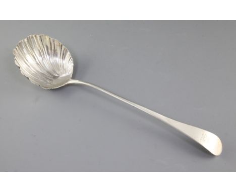 An early George III silver Old English pattern soup ladle, by Job Tripp, hallmarked London 1764, with scalloped bowl, crested