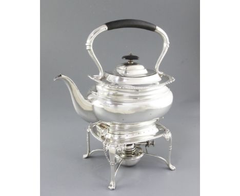 A George V silver tea kettle on stand, by Harrison Brothers & Howson, hallmarked London 1913, or rounded rectangular form, wi