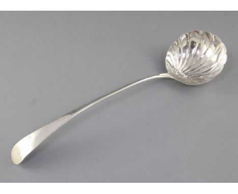 A George III silver Old English pattern soup ladle, by John Lambe, hallmarked London 1786, with scalloped shell bowl, monogra